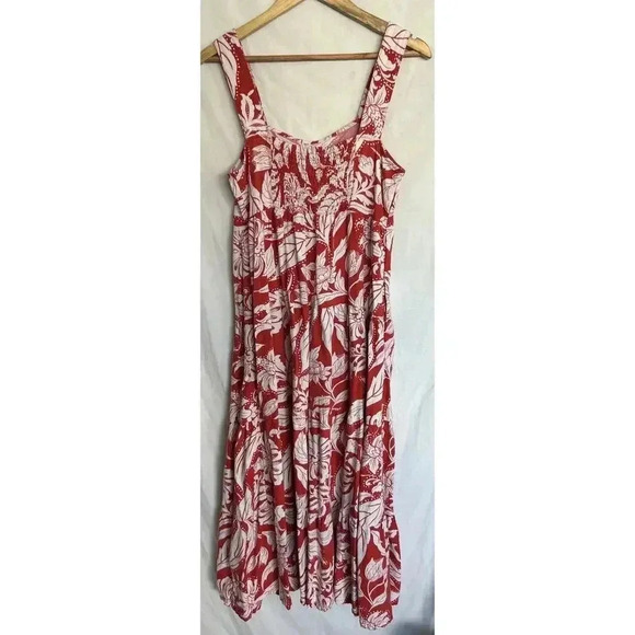 Red Floral Linen Blend Lace Up Dress Flower Maxi Pockets Who What Wear Size S - Picture 3 of 13